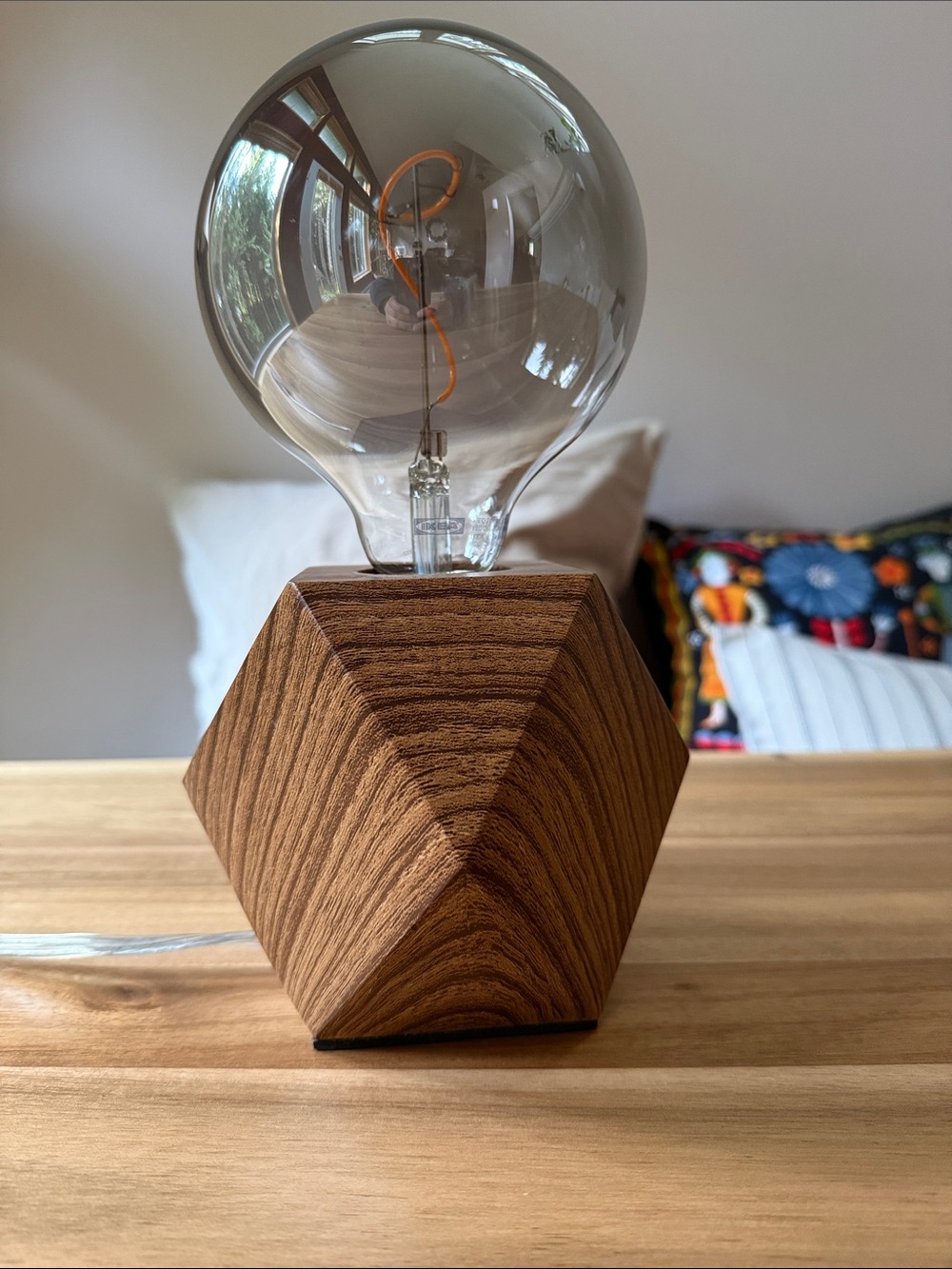 Geometric Wood Base Table Lamp with Smoke Glass Bulb